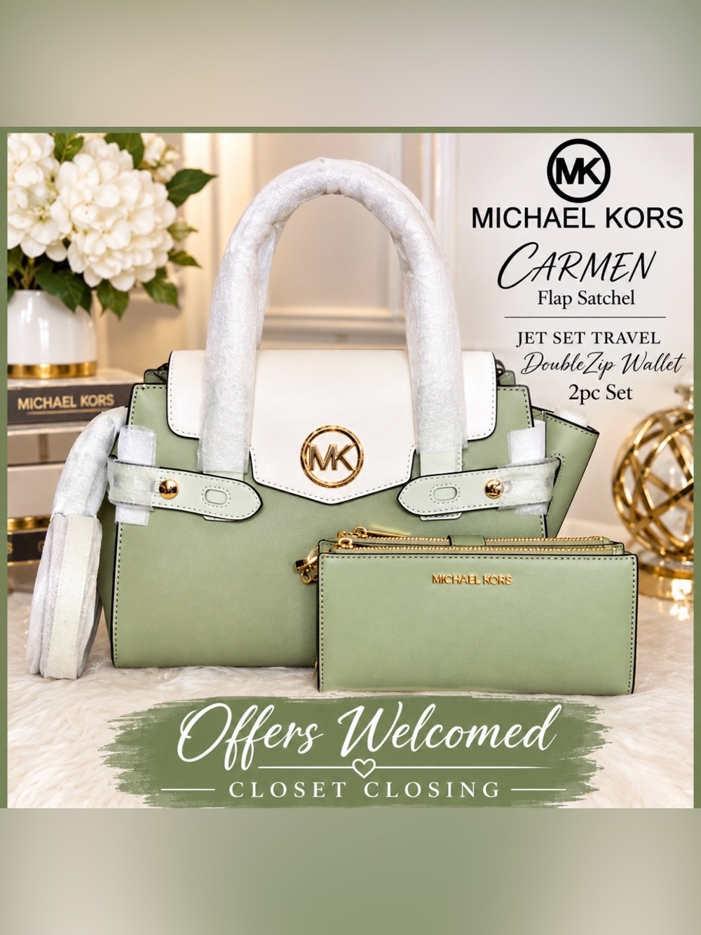 Michael Kors CARMEN Flap Satchel/JET SET TRAVEL DoubleZip Wallet 2pc Set
